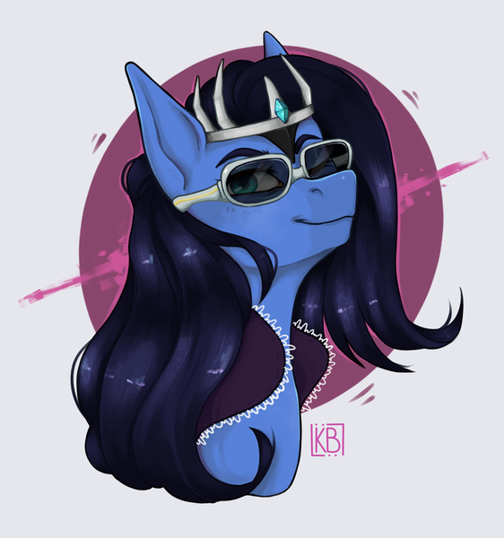 Size: 1643x1755 | Tagged: safe, derpibooru import, oc, unofficial characters only, earth pony, pony, blue skin, bust, commission, crown, jewelry, long hair, portrait, regalia, smiling, solo, sunglasses