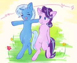 Size: 800x650 | Tagged: safe, artist:guidomista, artist:miiistaaa, artist:nijimillions, derpibooru import, starlight glimmer, trixie, pony, semi-anthro, unicorn, armpits, bipedal, blue, cute, eyes closed, female, flower, friends, friendship, grin, horn, human shoulders, looking at each other, mare, multicolored hair, open mouth, platonic, purple, simple background, smiling, standing, striped mane, unicorn master, walking