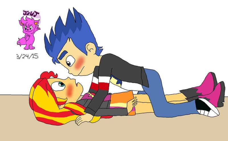 Size: 1024x631 | Tagged: safe, artist:resotii, derpibooru import, flash sentry, sunset shimmer, equestria girls, awkward, blushing, female, flashimmer, male, shipping, straight