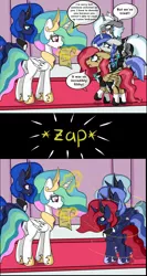 Size: 2657x5000 | Tagged: safe, artist:cuddlelamb, derpibooru import, princess celestia, princess luna, oc, oc:swift sweep, pony, clothes, comic, maid, transformation, trollestia, twinning