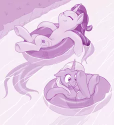 Size: 1280x1404 | Tagged: safe, artist:dstears, derpibooru import, starlight glimmer, trixie, pony, unicorn, atg 2019, cute, female, glimmerbetes, inner tube, lazy river, mare, monochrome, newbie artist training grounds, on back, smiling, uh oh, underhoof, water