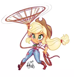 Size: 976x1019 | Tagged: safe, artist:katrina hadley, artist:lunchie, derpibooru import, applejack, human, equestria girls, belt, boots, chibi, clothes, cowboy boots, cowboy hat, cowgirl, cute, female, freckles, hat, jeans, lasso, official fan art, pants, rope, shoes, signature, simple background, solo, stetson, white background