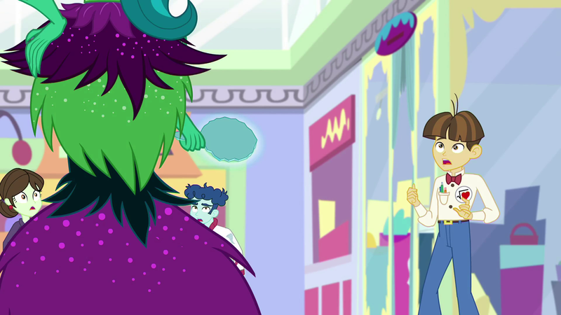 Size: 1920x1080 | Tagged: safe, derpibooru import, screencap, curly winds, juniper montage, some blue guy, sophisticata, wiz kid, equestria girls, mirror magic, spoiler:eqg specials, background human, canterlot mall, clothes, female, juniper monstar, male, pants, scared