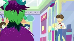 Size: 1920x1080 | Tagged: safe, derpibooru import, screencap, curly winds, juniper montage, some blue guy, sophisticata, wiz kid, equestria girls, mirror magic, spoiler:eqg specials, background human, canterlot mall, clothes, female, juniper monstar, male, pants, scared