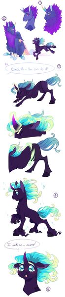 Size: 1024x4649 | Tagged: safe, artist:seabreezyy, derpibooru import, oc, oc:marina, oc:pyrinos, unofficial characters only, hybrid, unicorn, black sclera, female, magic, male, mare, offspring, parent:king sombra, parent:princess luna, parents:lumbra, simple background, stallion, white background