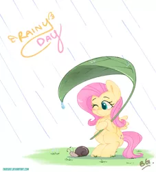 Size: 1695x1863 | Tagged: safe, artist:tikrs007, derpibooru import, fluttershy, pegasus, pony, snail, blushing, cute, leaf umbrella, one eye closed, rain, shyabetes, solo