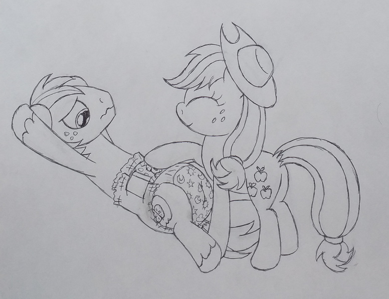 Size: 2600x2000 | Tagged: suggestive, artist:datspaniard, derpibooru import, applejack, big macintosh, pony, diaper, diaper fetish, diapering, fetish, monochrome, traditional art