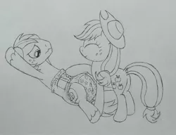 Size: 2600x2000 | Tagged: suggestive, artist:datspaniard, derpibooru import, applejack, big macintosh, pony, diaper, diaper fetish, diapering, fetish, monochrome, traditional art