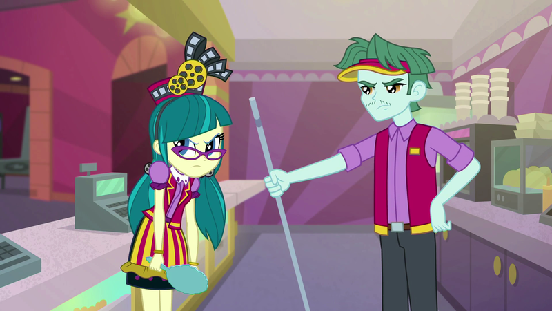 Size: 1920x1080 | Tagged: safe, derpibooru import, screencap, brim marco, juniper montage, equestria girls, mirror magic, spoiler:eqg specials, angry, broom, cash register, clothes, cup, female, glasses, hat, male, mirror, pants, pigtails, skirt