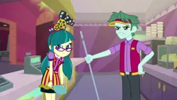 Size: 1920x1080 | Tagged: safe, derpibooru import, screencap, brim marco, juniper montage, equestria girls, mirror magic, spoiler:eqg specials, angry, broom, cash register, clothes, cup, female, glasses, hat, male, mirror, pants, pigtails, skirt
