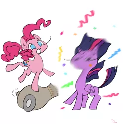 Size: 1080x1088 | Tagged: safe, artist:mamichi, derpibooru import, pinkie pie, twilight sparkle, twilight sparkle (alicorn), alicorn, pony, confetti, duo, motion blur, no nose, no pupils, party cannon, pixiv, smiling, twilight is not amused, unamused, varying degrees of amusement, windswept mane