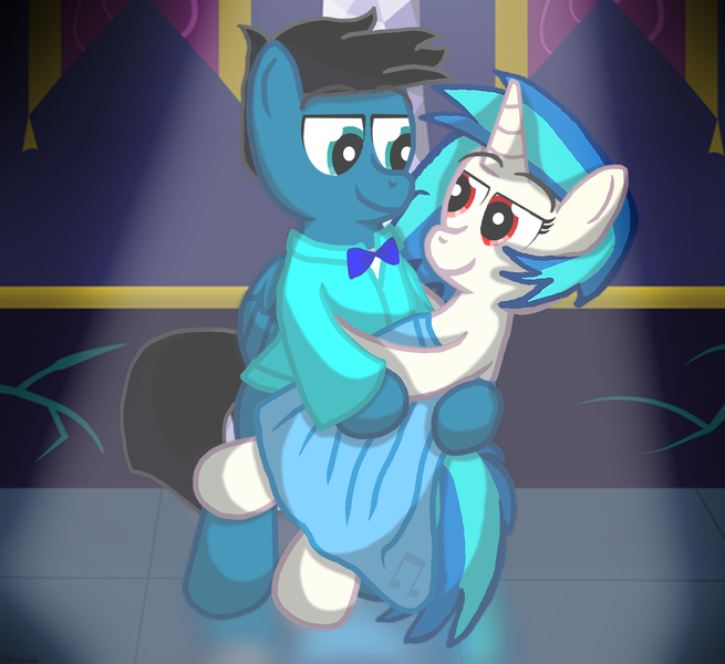 Size: 3600x3300 | Tagged: safe, artist:agkandphotomaker2000, derpibooru import, vinyl scratch, oc, oc:pony video maker, pegasus, pony, unicorn, canon x oc, dancing, female, looking at each other, male, pony prom, romantic, shipping, spotlight, straight, videoscratch