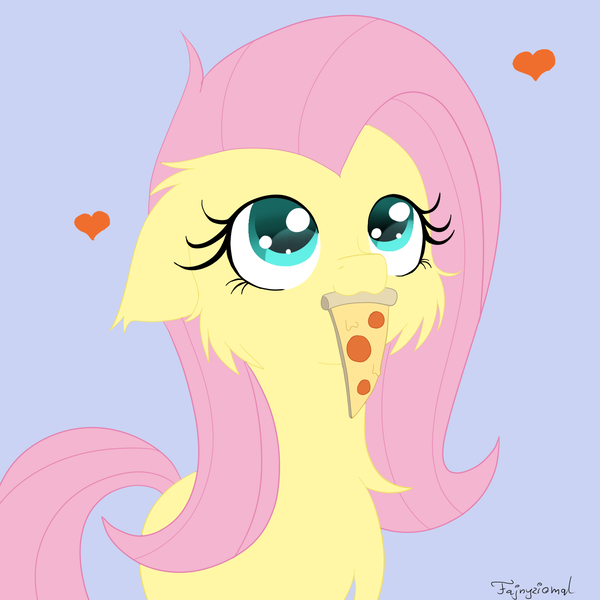 Size: 1500x1500 | Tagged: safe, artist:fajnyziomal, derpibooru import, fluttershy, pegasus, pony, blue background, cheek fluff, chest fluff, colored pupils, cute, daaaaaaaaaaaw, dork, ear fluff, female, floppy ears, fluffy, food, heart, hnnng, looking at you, looking up, mare, meat, mouth hold, nom, peetzer, pepperoni, pepperoni pizza, pizza, ponies eating meat, shyabetes, signature, simple background, solo, wingless