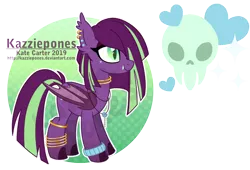 Size: 1024x697 | Tagged: safe, artist:kazziepones, derpibooru import, oc, oc:spooky sweets, bat pony, pony, bat pony oc, bat wings, ear piercing, earring, female, jewelry, mare, piercing, reference sheet, simple background, skull, slit eyes, solo, transparent background, wings