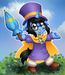 Size: 1107x1280 | Tagged: safe, artist:sabrib, derpibooru import, oc, oc:tinker doo, pony, unicorn, a hat in time, cape, clothes, cosplay, costume, glasses, hat, hat kid, male, solo, top hat, umbrella