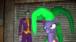 Size: 1366x768 | Tagged: safe, artist:kayman13, derpibooru import, mane-iac, pony, 3d, antagonist, arkham asylum, asylum, batman arkham asylum, gmod, petting, the joker