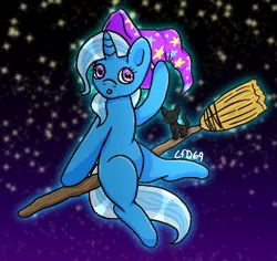 Size: 678x639 | Tagged: safe, artist:lionfishdoodles69, derpibooru import, trixie, cat, pony, unicorn, broom, commission, female, flying, flying broomstick, hat, stars, ych example, your character here