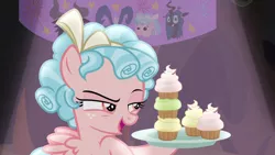 Size: 1920x1080 | Tagged: safe, derpibooru import, screencap, cozy glow, grogar, lord tirek, queen chrysalis, pegasus, pony, frenemies (episode), cupcake, female, filly, foal, food, narrowed eyes, solo, stack