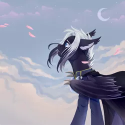 Size: 1280x1280 | Tagged: safe, artist:djkaskan, derpibooru import, oc, unofficial characters only, bat pony, pony, bat pony oc, bat wings, beautiful, clothes, cloud, crescent moon, looking up, moon, sad, sky, transparent moon, wings