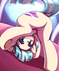 Size: 2500x3000 | Tagged: safe, artist:rockset, derpibooru import, coco pommel, earth pony, pony, butt, clothes, cocobetes, cute, cutie mark, dock, face down ass up, featureless crotch, female, flexible, looking at you, looking between legs, smiling, solo, underhoof, upside down