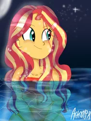 Size: 1800x2400 | Tagged: safe, artist:artmlpk, derpibooru import, sunset shimmer, equestria girls, alternate hairstyle, bikini, blushing, clothes, cute, drop, female, moon, shimmerbetes, solo, stars, swimming pool, swimsuit, water, wet, wet hair, wet mane