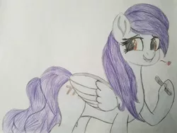 Size: 2016x1512 | Tagged: safe, artist:straighttothepointstudio, derpibooru import, edit, oc, oc:serendipity, unofficial characters only, pegasus, pony, colored, cute, cutie mark, drawing, female, glasses, long mane, mare, smiling, solo, traditional art