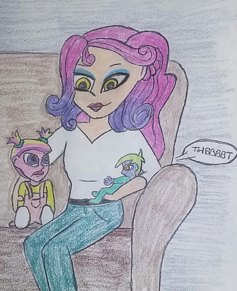 Size: 1152x1414 | Tagged: safe, artist:pabrony83, derpibooru import, princess amore, princess cadance, oc, oc:azure glide, equestria girls, alternate universe, baby, couch, death by cuteness, family, sitting, smiling, toddler, traditional art