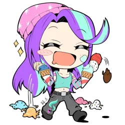 Size: 500x500 | Tagged: safe, artist:banzatou, derpibooru import, starlight glimmer, human, equestria girls, beanie, belly button, blush sticker, blushing, chibi, clothes, cute, cutie mark, cutie mark on clothes, dessert, dropped ice cream, eyes closed, female, food, glimmerbetes, hat, ice cream, ice cream cone, manga style, messy, midriff, open mouth, pants, shoes, simple background, solo, that human sure does love ice cream, transparent background