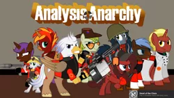 Size: 1064x598 | Tagged: safe, derpibooru import, screencap, oc, oc:any pony, oc:britishninja, oc:commander firebrand, oc:dr. wolf, oc:eliyora, oc:firebrand, oc:ink rose, oc:mad munchkin, oc:silver quill, oc:voice of reason, earth pony, hippogriff, pegasus, pony, unicorn, wolf, achievement, analysis anarchy, demoman, engineer, flamethrower, heavy, medic, minigun, pyro, scout, sniper, soldier, spy, team fortress 2, tf2 analysis anarchy, tf2 logo, weapon