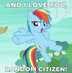 Size: 800x817 | Tagged: safe, derpibooru import, edit, edited screencap, screencap, applejack, rainbow dash, pegasus, pony, non-compete clause, caption, cloud, cropped, female, flying, fourth wall, image macro, mare, megamind, movie reference, open mouth, pointing, sky, text, tree