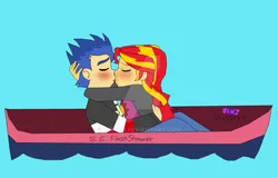 Size: 1024x656 | Tagged: safe, artist:resotii, derpibooru import, flash sentry, sunset shimmer, equestria girls, boat, female, flashimmer, male, shipping, straight, water