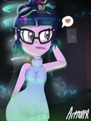 Size: 1800x2400 | Tagged: safe, artist:artmlpk, derpibooru import, sci-twi, twilight sparkle, eqg summertime shorts, equestria girls, mad twience, armpits, blushing, clothes, cute, fanart, female, glasses, hand on head, heart, hips, mouth hold, pen in mouth, pencil, pictogram, solo, sweater, turtleneck, twiabetes, wide hips