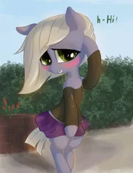 Size: 1150x1500 | Tagged: safe, artist:t72b, derpibooru import, limestone pie, earth pony, pony, atg 2019, bipedal, blushing, clothes, cute, female, limabetes, looking at you, mare, miniskirt, moe, nervous, newbie artist training grounds, skirt, skirt pull, solo, windswept mane