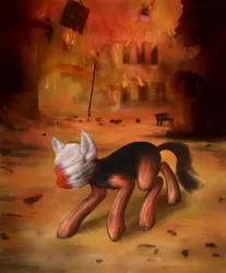 Size: 580x700 | Tagged: semi-grimdark, artist:zetamad, derpibooru import, pony, atg 2019, bandage, blood, fine art emulation, fine art parody, fire, newbie artist training grounds, ponyville, solo, zdzisław beksiński