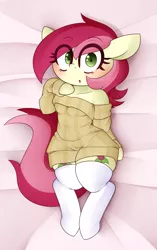Size: 2200x3500 | Tagged: safe, artist:fullmetalpikmin, derpibooru import, roseluck, earth pony, semi-anthro, bare shoulders, blushing, body pillow, both cutie marks, clothes, cute, female, looking at you, mare, ribbed sweater, socks, sweater, thigh highs, zettai ryouiki