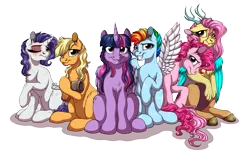 Size: 3900x2350 | Tagged: safe, artist:lupiarts, derpibooru import, applejack, fluttershy, pinkie pie, rainbow dash, rarity, twilight sparkle, twilight sparkle (alicorn), alicorn, draconequus, earth pony, pegasus, pony, unicorn, fanfic:my little pony: the unexpected future, aftermath, amputee, artificial wings, augmented, commission, draconequified, flutterequus, mane six, missing eye, missing limb, prosthetic limb, prosthetic wing, prosthetics, reunion, scar, simple background, sitting, species swap, stump, transparent background, wings