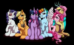 Size: 3900x2350 | Tagged: safe, artist:lupiarts, derpibooru import, applejack, fluttershy, pinkie pie, rainbow dash, rarity, twilight sparkle, twilight sparkle (alicorn), alicorn, draconequus, earth pony, pegasus, pony, unicorn, fanfic:my little pony: the unexpected future, alternate universe, amputee, artificial wings, augmented, black background, draconequified, eye scar, female, flutterequus, mane six, mare, missing eye, missing limb, prosthetic leg, prosthetic limb, prosthetic wing, prosthetics, scar, simple background, smiling, species swap, stump, wings