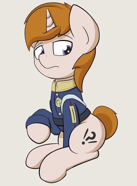 Size: 1550x2100 | Tagged: safe, artist:triplesevens, derpibooru import, oc, oc:white shield, pony, unicorn, clothes, looking down, male, prince, solo, uniform