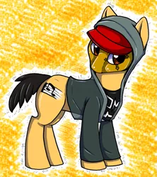 Size: 715x806 | Tagged: safe, artist:akie-tara, derpibooru import, oc, ponified, unofficial characters only, earth pony, pony, cap, clothes, danny murillo, hat, hollywood undead, hoodie, looking at you, male, mask, raised hoof, rapper, solo, stallion