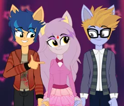 Size: 1080x930 | Tagged: safe, artist:galacticflashd, derpibooru import, oc, oc:catty blaze, oc:dylan rapid, oc:hiro streik, equestria girls, 100th artist post, clothes, cute, female, glasses, holding hands, hoodie, male, scarf, shirt, skirt, t-shirt, trio