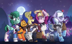 Size: 1142x700 | Tagged: safe, artist:saxopi, derpibooru import, oc, oc:aurora nova, oc:glitter jewel, oc:melody star, oc:wineberry, unofficial characters only, earth pony, pegasus, pony, clothes, cosplay, costume, d.va, mei, mercy, mouth hold, overwatch, tracer