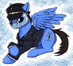 Size: 852x771 | Tagged: dead source, safe, artist:akie-tara, derpibooru import, oc, ponified, unofficial characters only, pegasus, pony, clothes, hat, hollywood undead, jacket, johnny 3 tears, leather jacket, male, mask, rapper, sitting, stallion