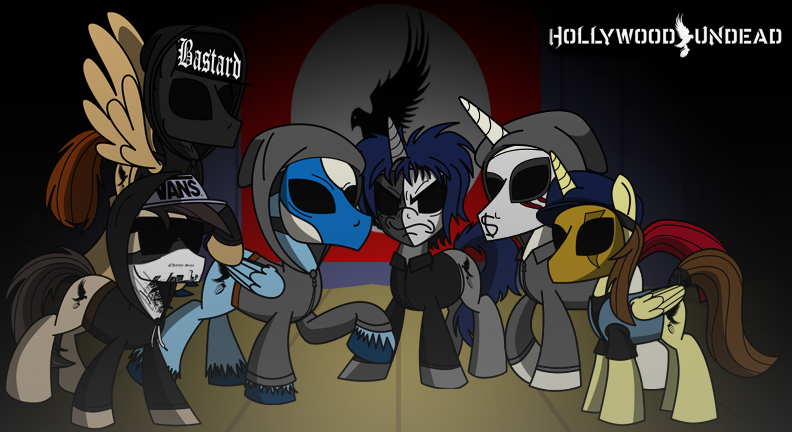 Size: 792x432 | Tagged: artist needed, safe, derpibooru import, oc, ponified, unofficial characters only, earth pony, pegasus, pony, unicorn, band, bandana, cap, charlie scene, clothes, da kurlzz, danny murillo, funny man, hat, hollywood undead, hollywood undead logo, hoodie, j-dog, jean jacket, johnny 3 tears, logo, looking at you, male, mask, raised hoof, stallion, sunglasses, vulgar