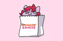 Size: 900x581 | Tagged: safe, artist:dawnfire, derpibooru import, oc, oc:dawnfire, pony, unicorn, chibi, dunkin donuts, female, mare, paper bag, pony in a bag, simple background, solo