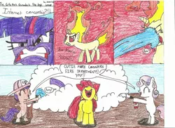 Size: 2338x1700 | Tagged: safe, artist:vadkram20xd6, derpibooru import, apple bloom, scootaloo, sweetie belle, twilight sparkle, earth pony, pegasus, pony, unicorn, angry, cutie mark crusaders, female, filly, fire, fire department, fire extinguisher, firefighter, firefighter crusaders, firefighter helmet, firefighter scootaloo, firefighting, helmet, hose, internet censorship, nose in the air, rapidash twilight, smiling, unicorn twilight, uvula, water