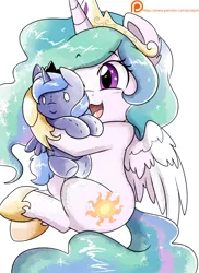 Size: 2550x3509 | Tagged: safe, artist:pridark, derpibooru import, princess celestia, princess luna, alicorn, pony, crown, cute, cutelestia, cutie mark, happy, hoof shoes, hug, jewelry, open mouth, patreon, patreon reward, peytral, plushie, regalia, royal sisters, sketch, smiling, traditional art, watercolor painting