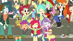 Size: 1280x720 | Tagged: safe, derpibooru import, screencap, apple bloom, curly winds, drama letter, golden hazel, normal norman, paisley, rose heart, sandalwood, scootaloo, scott green, some blue guy, sweetie belle, tennis match, valhallen, velvet sky, watermelody, wiz kid, equestria girls, friendship games, background human, care root, clothes, cutie mark crusaders, foam finger, pants, shoes, sneakers