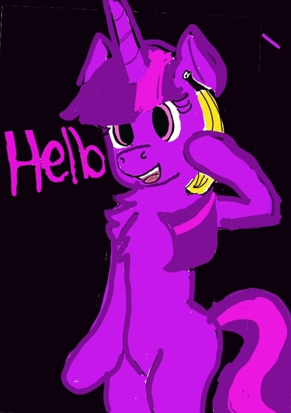 Size: 630x894 | Tagged: artist:drunken bubblez, banana, bananaphone, derpibooru import, female, food, hello, mare, safe, solo, twilight sparkle