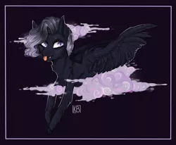 Size: 1865x1536 | Tagged: safe, artist:karamboll, derpibooru import, pegasus, pony, cloud, fangs, glowing eyes, short hair, short mane, smoke, solo, tongue out, wings