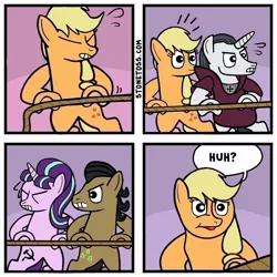 Size: 960x960 | Tagged: safe, artist:gamedevanon, derpibooru import, applejack, chancellor neighsay, filthy rich, starlight glimmer, pony, capitalism, communism, dexterous hooves, hammer and sickle, meme, parody, politics, racism, reaction image, stalin glimmer, stonetoss, tug of war